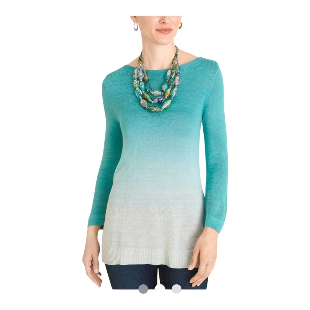 Chicos Ombre Silver Shimmer Metallic Aqua Blue Sweater sz 3 = XL Boatneck